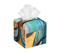 Pu Leather Cube Tissue Box Holders Modern Waterproof Square Tissue Box Cover Flip Flops And Tropical Beach Scene Facial Paper Holder For Bathroom Kitchen Nightstand Office Home Decor