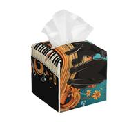 Pu Leather Cube Tissue Box Holders Modern Waterproof Square Tissue Box Cover Four Black Cats Lying On The Piano Keyboard Facial Paper Holder For Bathroom Kitchen Nightstand Office Home Decor