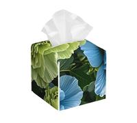 Pu Leather Cube Tissue Box Holders Modern Waterproof Square Tissue Box Cover Green and Blue Hibiscus Flowers Facial Paper Holder for Bathroom Kitchen Nightstand Office Home Decor