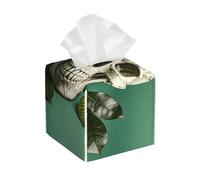Pu Leather Cube Tissue Box Holders Modern Waterproof Square Tissue Box Cover Green Background Skull and Leaves Facial Paper Holder for Bathroom Kitchen Nightstand Office Home Decor