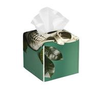 Pu Leather Cube Tissue Box Holders Modern Waterproof Square Tissue Box Cover Green Background Skull and Leaves Facial Paper Holder for Bathroom Kitchen Nightstand Office Home Decor