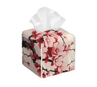 Pu Leather Cube Tissue Box Holders Modern Waterproof Square Tissue Box Cover Japanese Floral Cherry Blossom Facial Paper Holder For Bathroom Kitchen Nightstand Office Home Decor