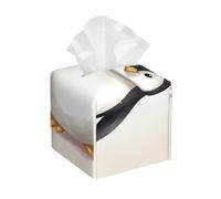 Pu Leather Cube Tissue Box Holders Modern Waterproof Square Tissue Box Cover Penguin Wearing Flowers Facial Paper Holder for Bathroom Kitchen Nightstand Office Home Decor