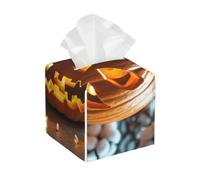 Pu Leather Cube Tissue Box Holders Modern Waterproof Square Tissue Box Cover Pumpkin Lantern Facial Paper Holder for Bathroom Kitchen Nightstand Office Home Decor