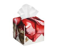 Pu Leather Cube Tissue Box Holders Modern Waterproof Square Tissue Box Cover Red Watercolor Rose Flower Facial Paper Holder For Bathroom Kitchen Nightstand Office Home Decor