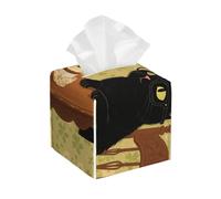 Pu Leather Cube Tissue Box Holders Modern Waterproof Square Tissue Box Cover Retro Cat Facial Paper Holder for Bathroom Kitchen Nightstand Office Home Decor