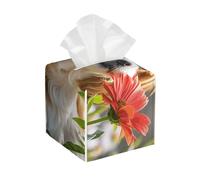 Pu Leather Cube Tissue Box Holders Modern Waterproof Square Tissue Box Cover Shih Tzu Dog and Flowers Facial Paper Holder for Bathroom Kitchen Nightstand Office Home Decor