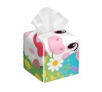 Pu Leather Cube Tissue Box Holders Modern Waterproof Square Tissue Box Cover Spring Cute Flower Cow Facial Paper Holder for Bathroom Kitchen Nightstand Office Home Decor