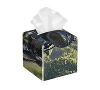 Pu Leather Cube Tissue Box Holders Modern Waterproof Square Tissue Box Cover Steam Train Facial Paper Holder for Bathroom Kitchen Nightstand Office Home Decor