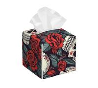 Pu Leather Cube Tissue Box Holders Modern Waterproof Square Tissue Box Cover Sugar Skulls and Red Roses Facial Paper Holder for Bathroom Kitchen Nightstand Office Home Decor