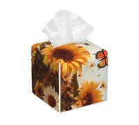 Pu Leather Cube Tissue Box Holders Modern Waterproof Square Tissue Box Cover Sunflowers And Butterflies Facial Paper Holder For Bathroom Kitchen Nightstand Office Home Decor