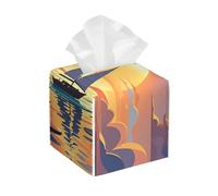 Pu Leather Cube Tissue Box Holders Modern Waterproof Square Tissue Box Cover Sunset and Sailboat Facial Paper Holder for Bathroom Kitchen Nightstand Office Home Decor