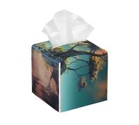 Pu Leather Cube Tissue Box Holders Modern Waterproof Square Tissue Box Cover Tree On Water Facial Paper Holder For Bathroom Kitchen Nightstand Office Home Decor