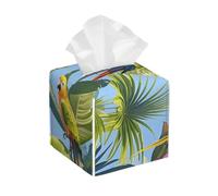 Pu Leather Cube Tissue Box Holders Modern Waterproof Square Tissue Box Cover Tropical Plants and Parrots Facial Paper Holder for Bathroom Kitchen Nightstand Office Home Decor