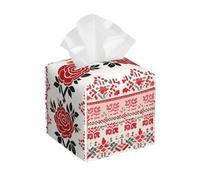 Pu Leather Cube Tissue Box Holders Modern Waterproof Square Tissue Box Cover Ukrainian Embroidery Style Rose Facial Paper Holder for Bathroom Kitchen Nightstand Office Home Decor