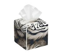 Pu Leather Cube Tissue Box Holders Modern Waterproof Square Tissue Box Cover White Tiger Head Pattern Facial Paper Holder For Bathroom Kitchen Nightstand Office Home Decor