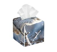 Pu Leather Cube Tissue Box Holders Modern Waterproof Square Tissue Box Cover Winter White Owl Facial Paper Holder for Bathroom Kitchen Nightstand Office Home Decor
