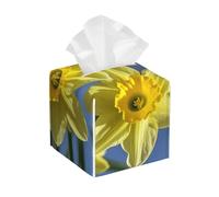 Pu Leather Cube Tissue Box Holders Modern Waterproof Square Tissue Box Cover Yellow Daffodils Flowers Facial Paper Holder for Bathroom Kitchen Nightstand Office Home Decor