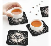 PU Leather Drink Coasters,Demon Baphomet Satanic Goat Head Skull Leather Coasters for Drinks Set of 6 Square