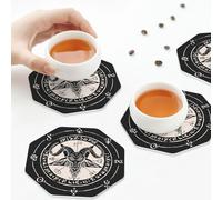PU Leather Drink Coasters,Demon Baphomet Satanic Goat Head Skull Leather Coasters for Drinks Set of 6 Octagon