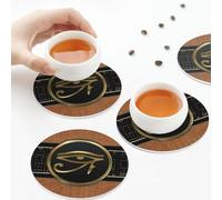 PU Leather Drink Coasters,Egypt Evil Eye Egyptian Art Leather Coasters for Drinks Set of 6 Round Shape