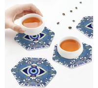 PU Leather Drink Coasters,Greek Mati Mataki Evil Eye Leather Coasters for Drinks Set of 6 Hexagon