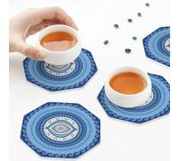 PU Leather Drink Coasters,Greek Mati Mataki Matiasma Evil Eye Leather Coasters for Drinks Set of 6 Octagon
