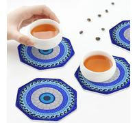 PU Leather Drink Coasters,Greek Matiasma Evil Eye Leather Coasters for Drinks Set of 6 Octagon