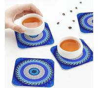 PU Leather Drink Coasters,Greek Matiasma Evil Eye Leather Coasters for Drinks Set of 6 Square