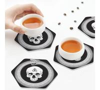 PU Leather Drink Coasters,Leviathan Sigil of Lucifer Demon Baphomet Satanic Skull Head Leather Coasters for Drinks Set of 6 Hexagon