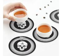 PU Leather Drink Coasters,Leviathan Sigil of Lucifer Demon Baphomet Satanic Skull Head Leather Coasters for Drinks Set of 6 Round Shape