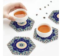 PU Leather Drink Coasters,Mandala Evil Eye Symbol Leather Coasters for Drinks Set of 6 Hexagon