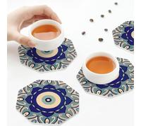 PU Leather Drink Coasters,Mandala Evil Eye Symbol Leather Coasters for Drinks Set of 6 Octagon