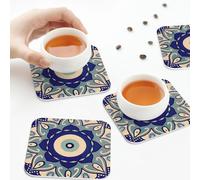 PU Leather Drink Coasters,Mandala Evil Eye Symbol Leather Coasters for Drinks Set of 6 Square