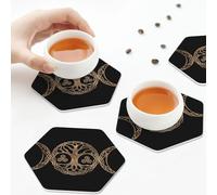 PU Leather Drink Coasters,Triple Moon Goddess Pentagram Ornament Wiccan Leather Coasters for Drinks Set of 6 Hexagon