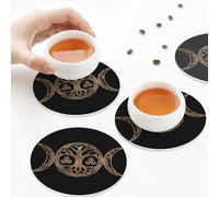PU Leather Drink Coasters,Triple Moon Goddess Pentagram Ornament Wiccan Leather Coasters for Drinks Set of 6 Round Shape