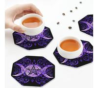 PU Leather Drink Coasters,Triple Moon Goddess Pentagram Wiccan Leather Coasters for Drinks Set of 6 Octagon