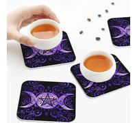 PU Leather Drink Coasters,Triple Moon Goddess Pentagram Wiccan Leather Coasters for Drinks Set of 6 Square