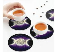PU Leather Drink Coasters,Triple Moon Goddess Wiccan Leather Coasters for Drinks Set of 6 Round Shape