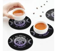 PU Leather Drink Coasters,Triple Moon Goddess Wiccan Pagan Witch Leather Coasters for Drinks Set of 6 Round Shape