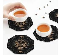 PU Leather Drink Coasters,Triple Moon Goddess Wiccan Witch Pentagram Pentacle Leather Coasters for Drinks Set of 6 Octagon