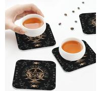 PU Leather Drink Coasters,Triple Moon Goddess Wiccan Witch Pentagram Pentacle Leather Coasters for Drinks Set of 6 Square