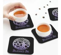 PU Leather Drink Coasters,Wiccan Pagan Witch Tree of Life Leather Coasters for Drinks Set of 6 Square