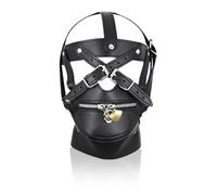 Pu Leather Head Hood Harness Lockable Mouth Zipper Mask Padlock Sex Toys BDSM Bondage Headgear Slave Restraint Adult Game Black One Size