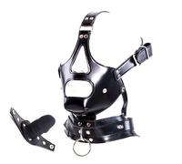PU Leather Hood Bondage Head Mask Harness with Detachable Penis Mouth Gag Head Hood Mask BDSM Restraint (A Extended mouth plug)