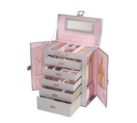 PU Leather Jewelry Cabinet,5 Drawers Double Door Jewelry Storage Box | Multi Compartment Lockable Jewelry Organizer with Handle for Necklace Ring Bracelet Watch Storage
