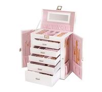 PU Leather Jewelry Cabinet,5 Drawers Double Door Jewelry Storage Box | Multi Compartment Lockable Jewelry Organizer with Handle for Necklace Ring Bracelet Watch Storage