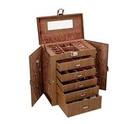 PU Leather Jewelry Cabinet,5 Drawers Double Door Jewelry Storage Box | Multi Compartment Lockable Jewelry Organizer with Handle for Necklace Ring Bracelet Watch Storage