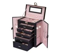 PU Leather Jewelry Cabinet,5 Drawers Double Door Jewelry Storage Box | Multi Compartment Lockable Jewelry Organizer with Handle for Necklace Ring Bracelet Watch Storage