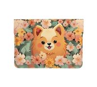 Pu Leather Laptop Sleeve Bag 13 Inch Waterproof Shock Resistant Notebook Carrying Case Pomeranians Cartoon Flowers Lightweight Computer Skin Bag